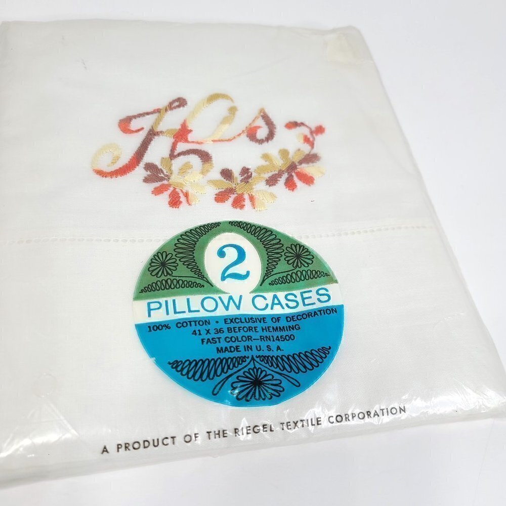 Vintage Riegel Pillow Cases Embroidered White Orange Fall Floral His & Hers USA